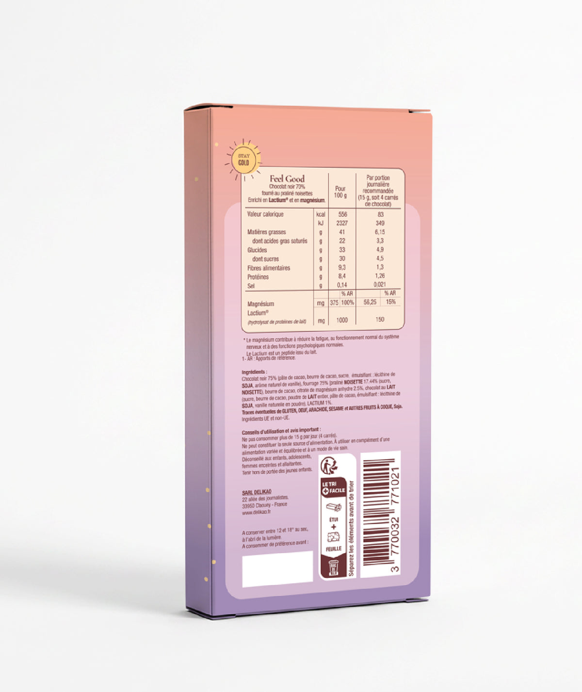 Tablette chocolat 70% praliné noisette - Feel Good