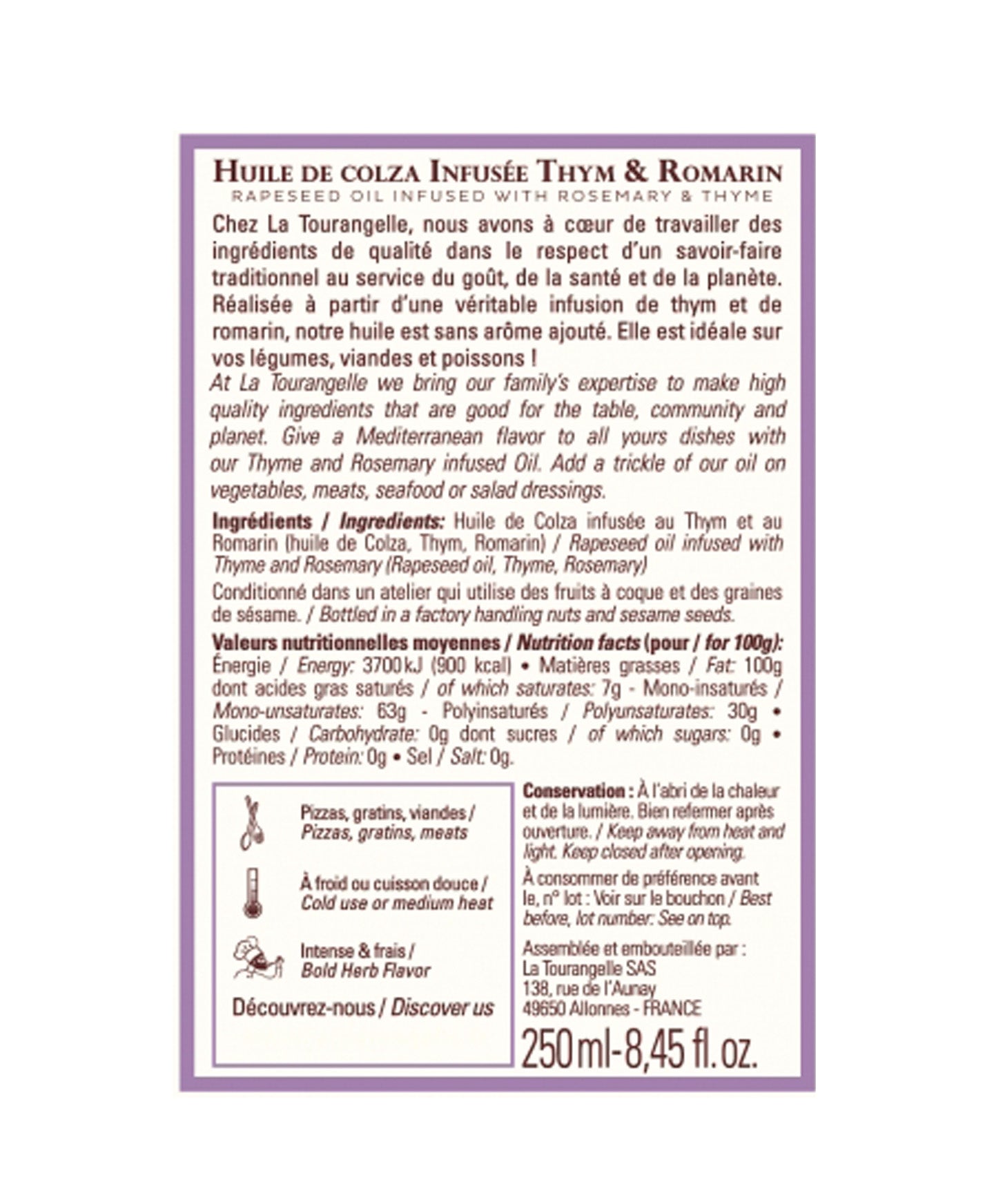 Huile infusée au thym et au romarin - 250ml