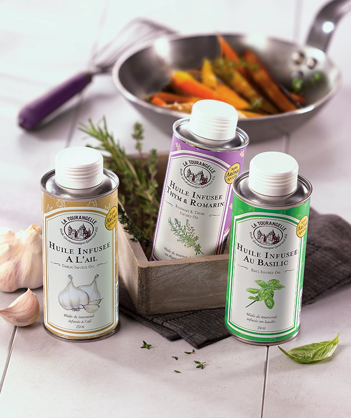 Trio d'huiles infusées (basilic, ail & thym-romarin)