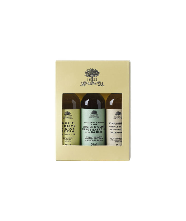 Coffret 3 huiles d'olive (olive vierge, basilic et vinaigrette huile d'olive et vinaigre balsamique)