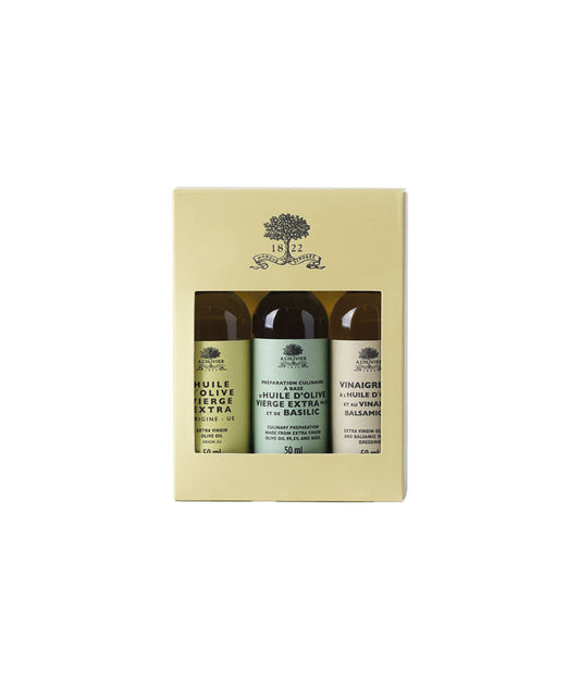 Coffret 3 huiles d'olive (olive vierge, basilic et vinaigrette huile d'olive et vinaigre balsamique)