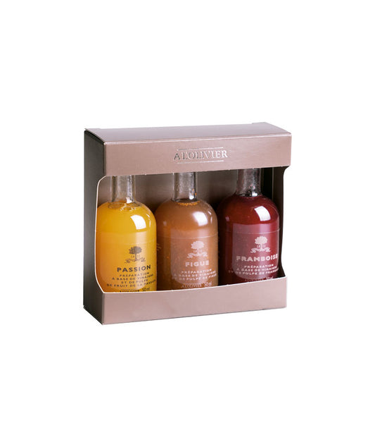 Coffret 3 mini vinaigres fruits (framboise, passion et figue)