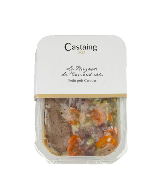 Magret de canard rôti et petits pois carottes