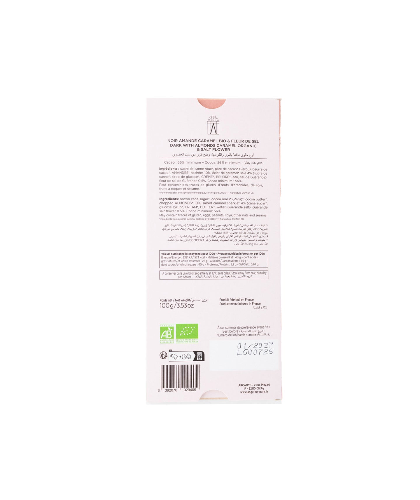 Tablette chocolat noir amandes caramel fleur de sel bio