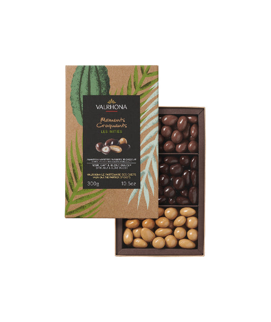 Coffret Equinoxe amandes et noisettes enrobées de chocolat  noir, lait et Dulcey