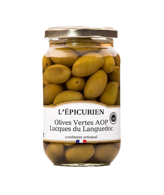 Olives vertes AOP lucques du Languedoc vue face aux Galeries Lafayette Le Gourmet