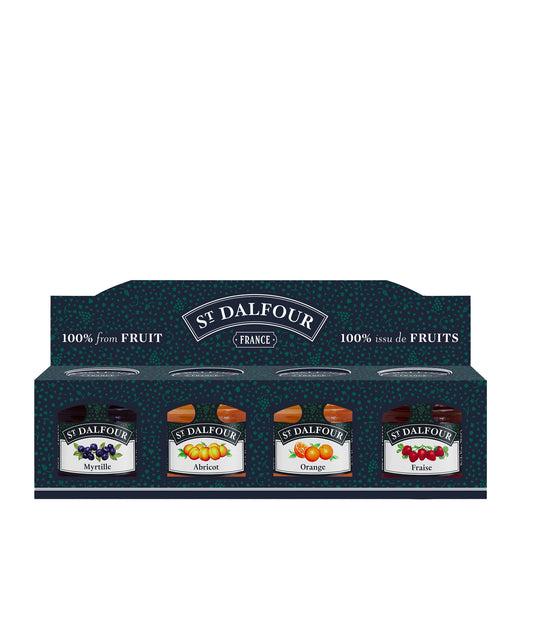 Coffret de 4 confitures (myrtille, abricot, orange, fraise)