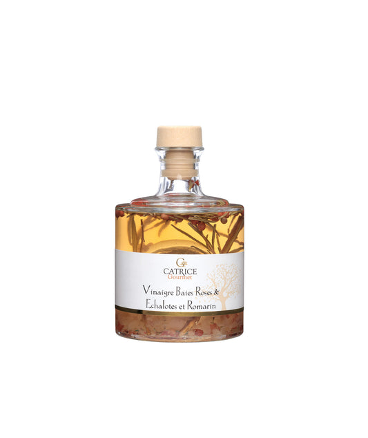 Vinaigre aux baies roses, échalotes et  romarin