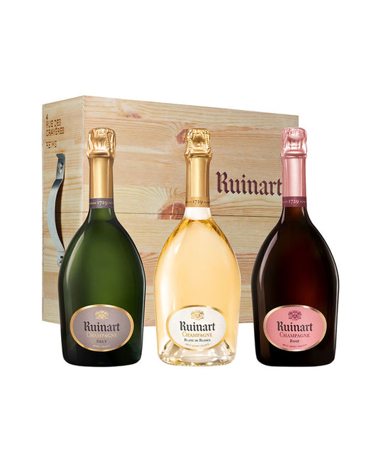 Ruinart Caisse bois cave urbaine Brut, Rosé, Blanc de blancs (3 bouteilles)