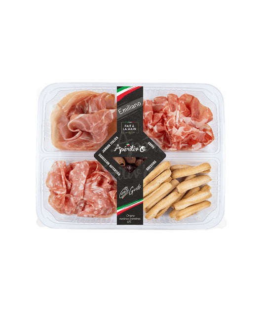 Aperitiv'O Emiliano (Jambon Cru , Saucisson autentico,Coppa, Gressins, Olives) vue face aux Galeries Lafayette Le Gourmet