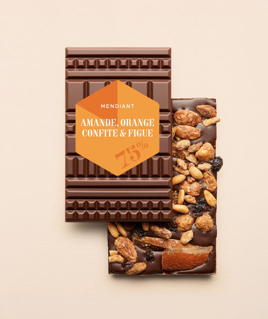 Tablette chocolat noir mendiant amandes & oranges confites & figues