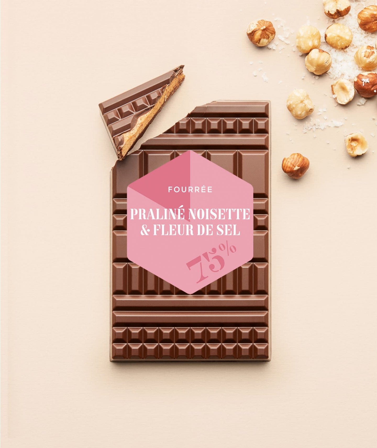 Tablette chocolat noir fourrée praliné noisette & fleur de sel
