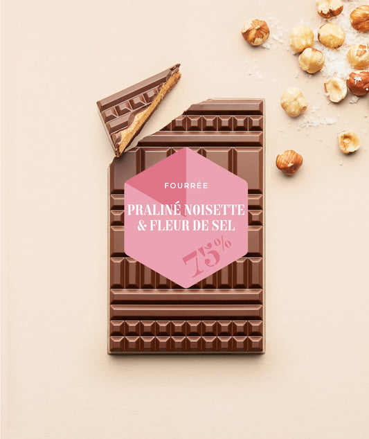 Tablette chocolat noir fourrée praliné noisette & fleur de sel
