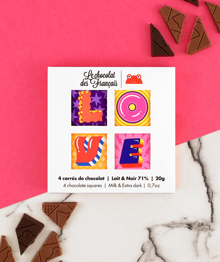 Coffret Love de 4 carrés lait et noir
