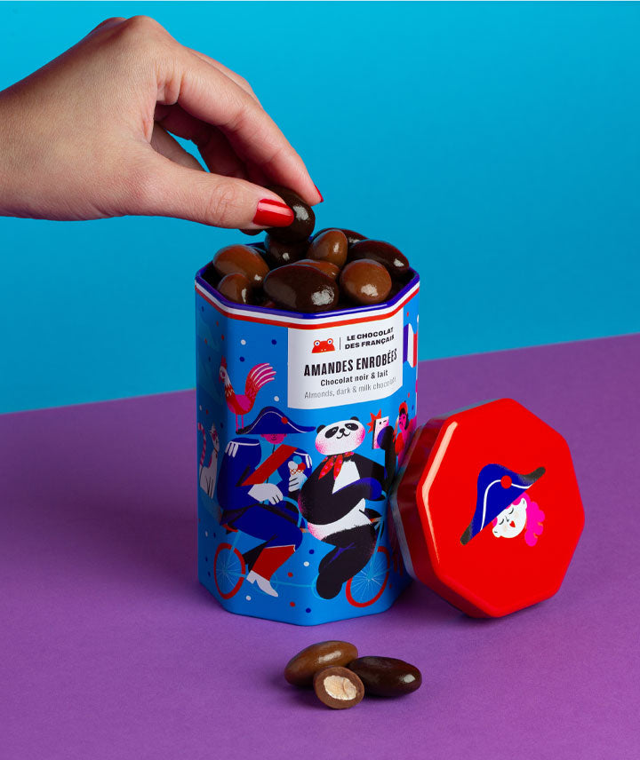 Amandes enrobées de chocolat noir et lait - Boîte Panda