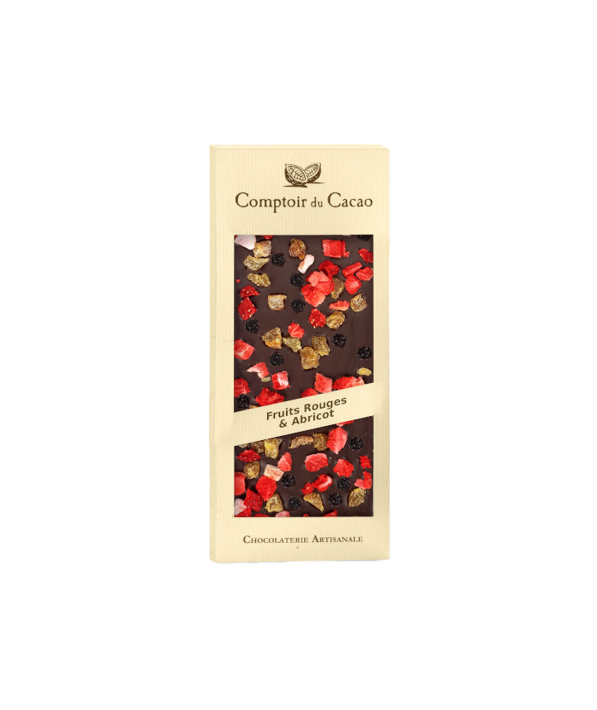 Tablette de chocolat noir aux fruits rouges et abricot
