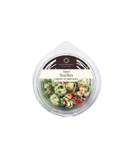 Tapas de seiches aux câpres et aux poivrons vue face aux Galeries Lafayette Le Gourmet