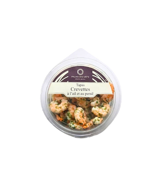 Tapas de crevettes à l'ail et au persil vue face aux Galeries Lafayette Le Gourmet