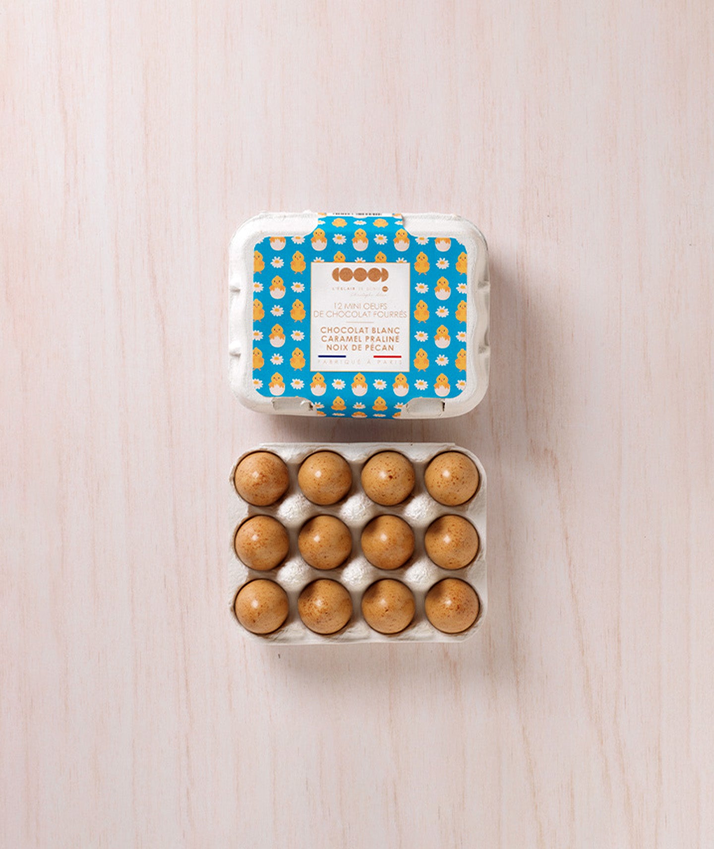 12 mini oeufs au chocolat blanc caramel et noix de pécan