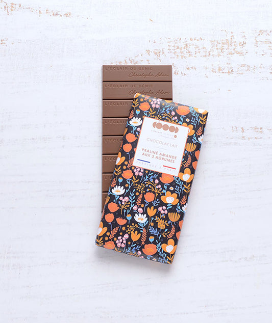 Tablette chocolat lait praliné amande 3 agrumes