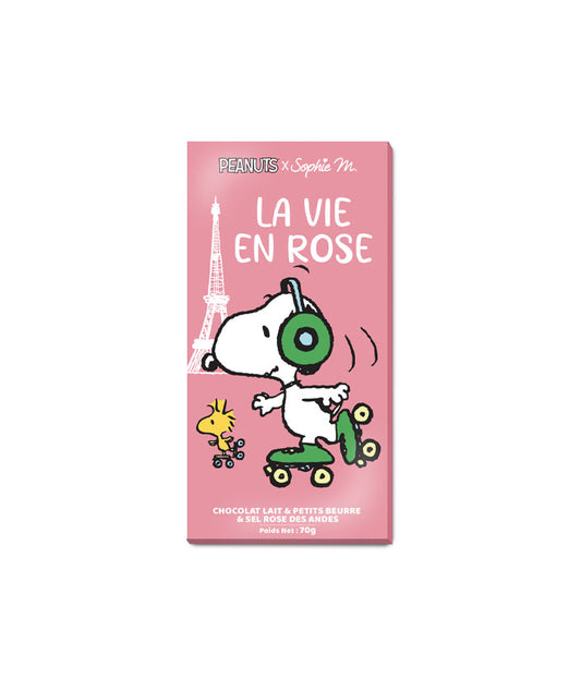 Tablette Snoopy chocolat au lait petits beurres et sel rose des Andes "La vie en rose"