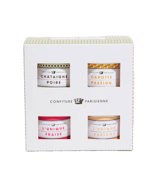 Coffret 4 confitures "Unique abricot - Fraise - Châtaigne poire - Carotte passion"