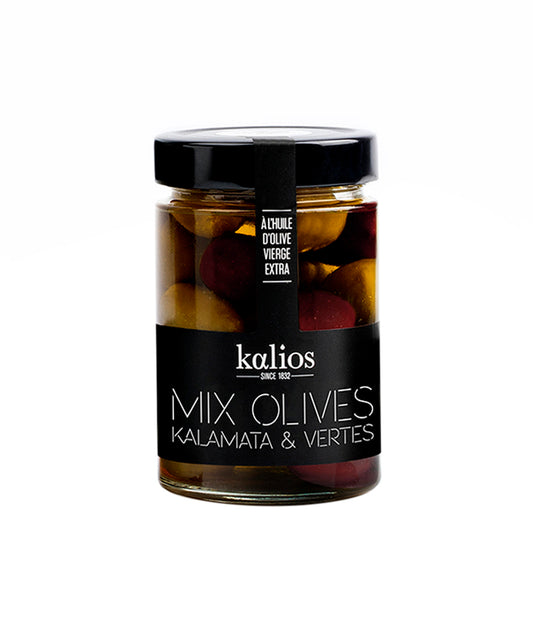 Mix olives Kalamata & vertes à l'huile d'olive