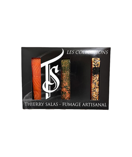 Coffret collection craquante : pavé de saumon fumé 150 g pavé de saumon gravlax 150 g pavé de saumon fumé 3 sésames et sirop d'érable