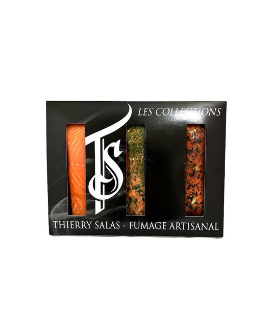 Coffret collection iode : pavé de saumon fumé 150 g pavé de saumon gravlax 150 g pavé de saumon fumé iode et trio d'algues