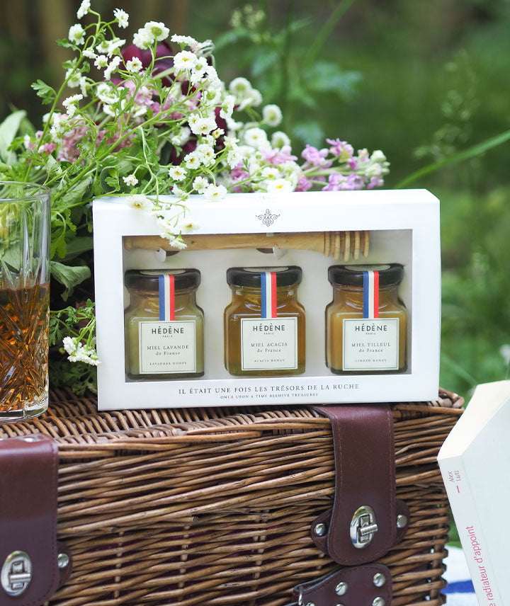 Coffret Trésors de la Ruche (miel de lavande, miel d'acacia, miel de tilleul + cuillère à miel)
