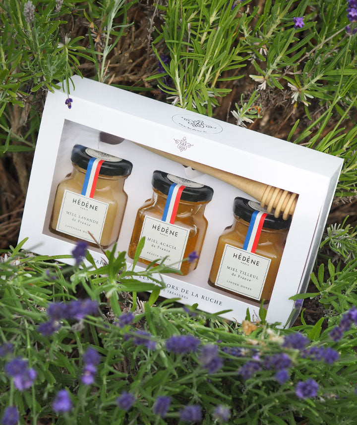 Coffret Trésors de la Ruche (miel de lavande, miel d'acacia, miel de tilleul + cuillère à miel)
