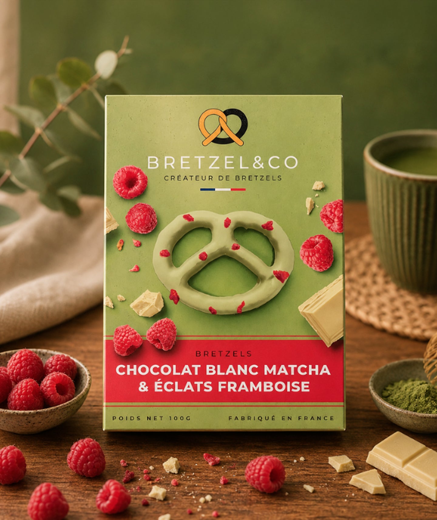 Bretzel chocolat blanc matcha et éclats de framboises