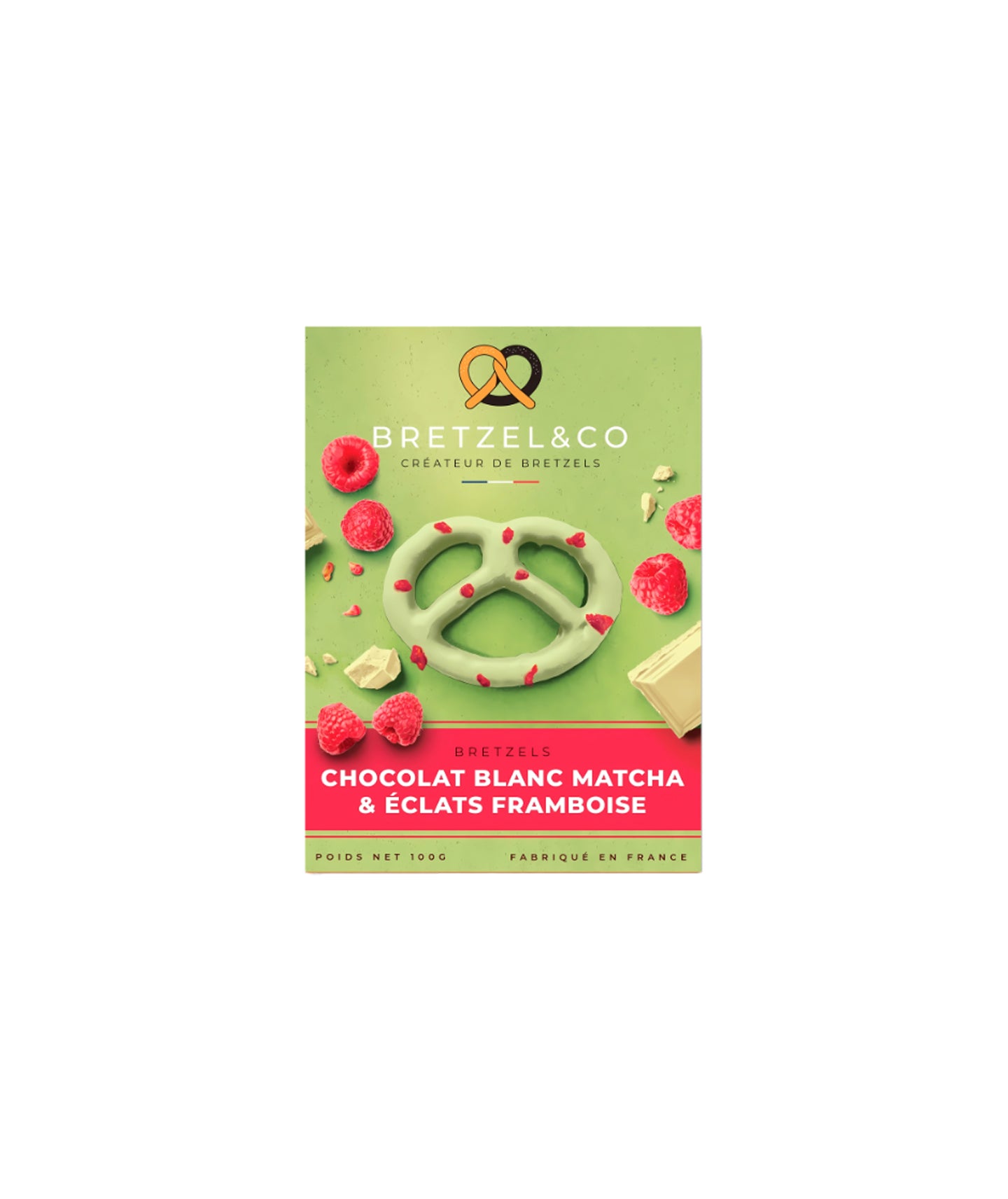 Bretzel chocolat blanc matcha et éclats de framboises