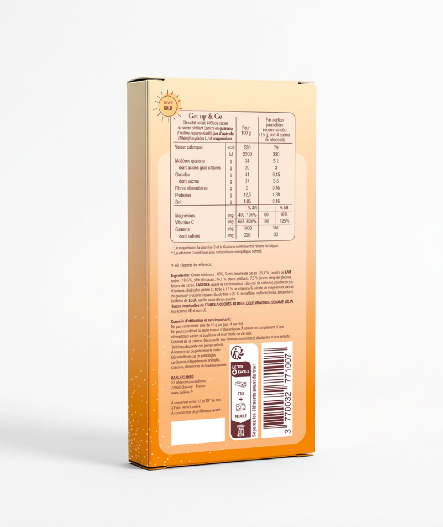 Tablette chocolat au lait 40% pétillant - Get Up & Go
