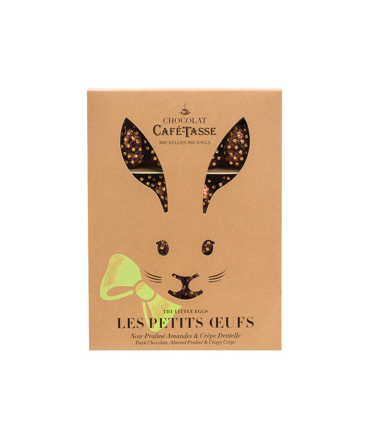 Boîte lapin contenant 16 œufs en chocolat noir praline crêpe