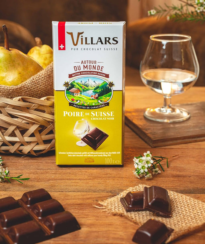 Tablette au chocolat noir et liqueur de poire Suisse
