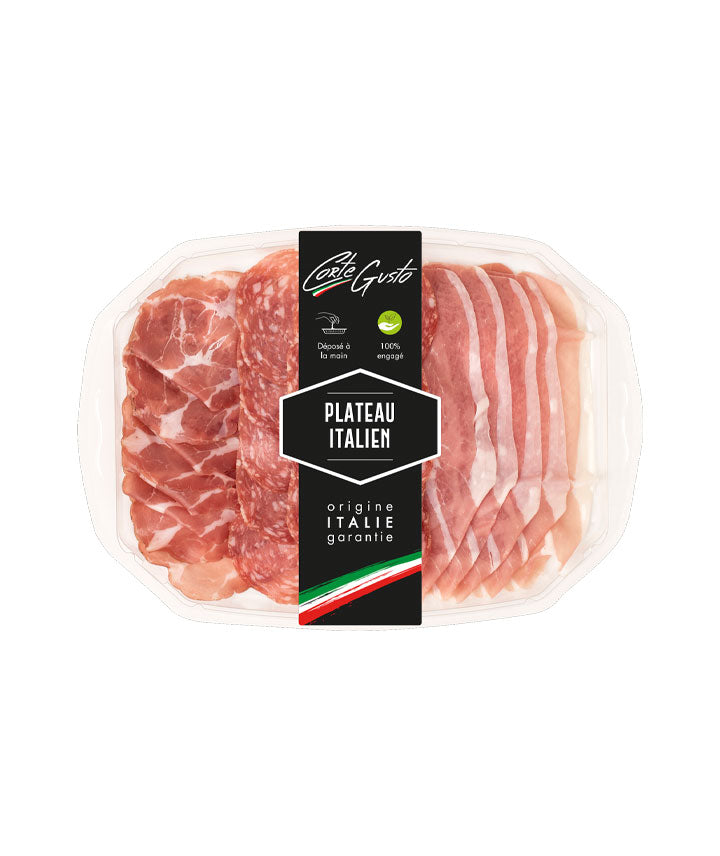 Plateau de saison italien (jambon cru italien, coppa, saucisson) vue face aux Galeries Lafayette Le Gourmet