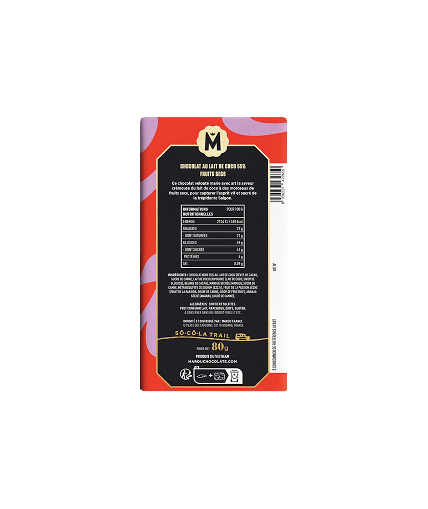 Tablette de chocolat au lait de coco 55% avec des fruits secs - Sài Gòn